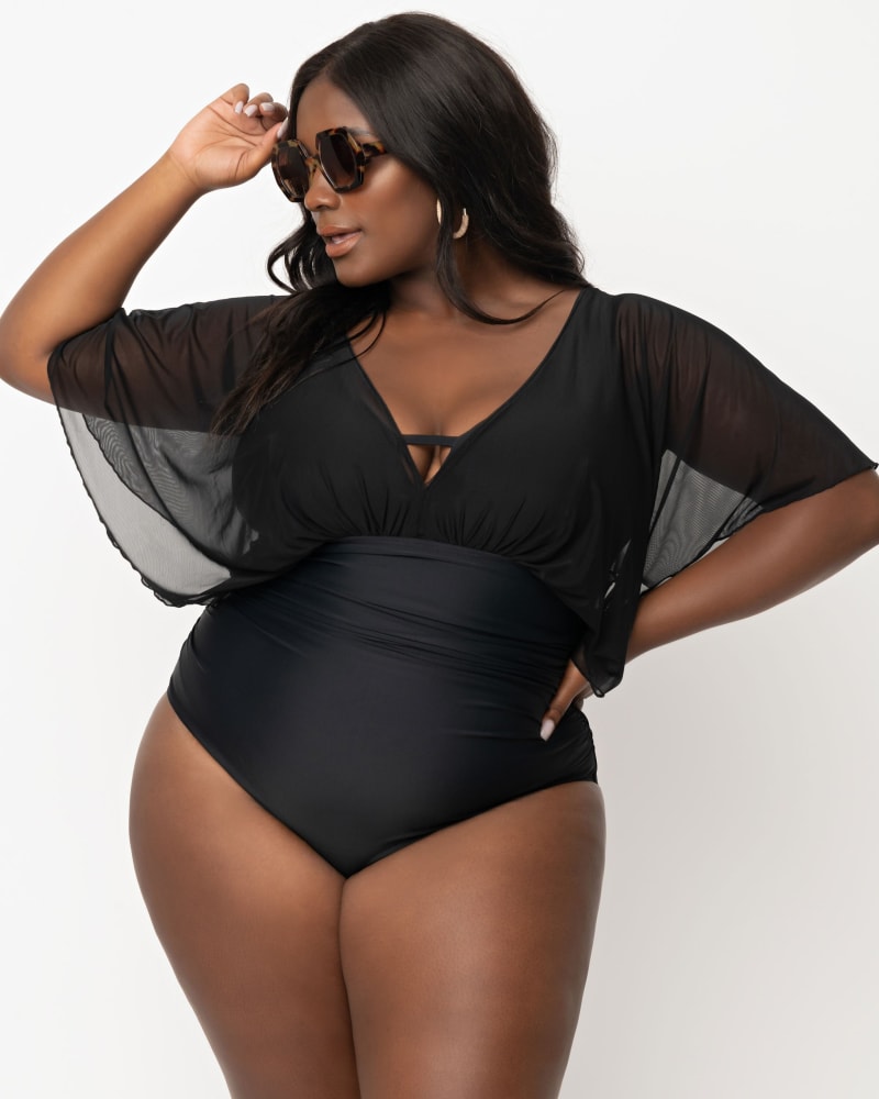 Unique Vintage Plus Size Black Mesh Sleeved Torrey Swimsuit | Black Me